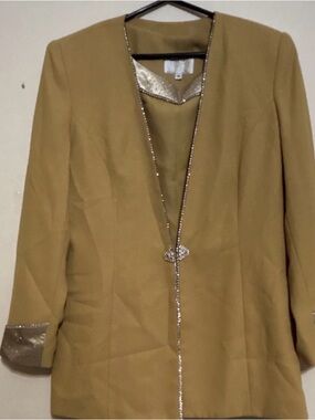 Women's Camel Embellished Open-Front Blazer Jacket